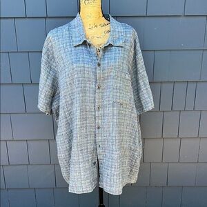 Flax Blue and Gray Casual Button Down Shirt 2XL blue oversized linen